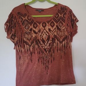 Miss Me Rust Fringe Sequin Short Sleeve Top